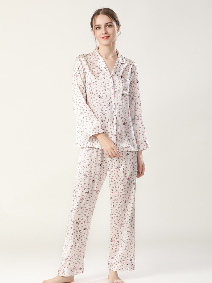 19 Momme Silk Long Sleeve Pajama Set with Heart Print