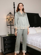 19 Momme Silk Pajama Set with Floral Lace Trim