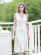 Eyelash Lace Trim 100% Pure Silk Mid-Length Sleep Dress