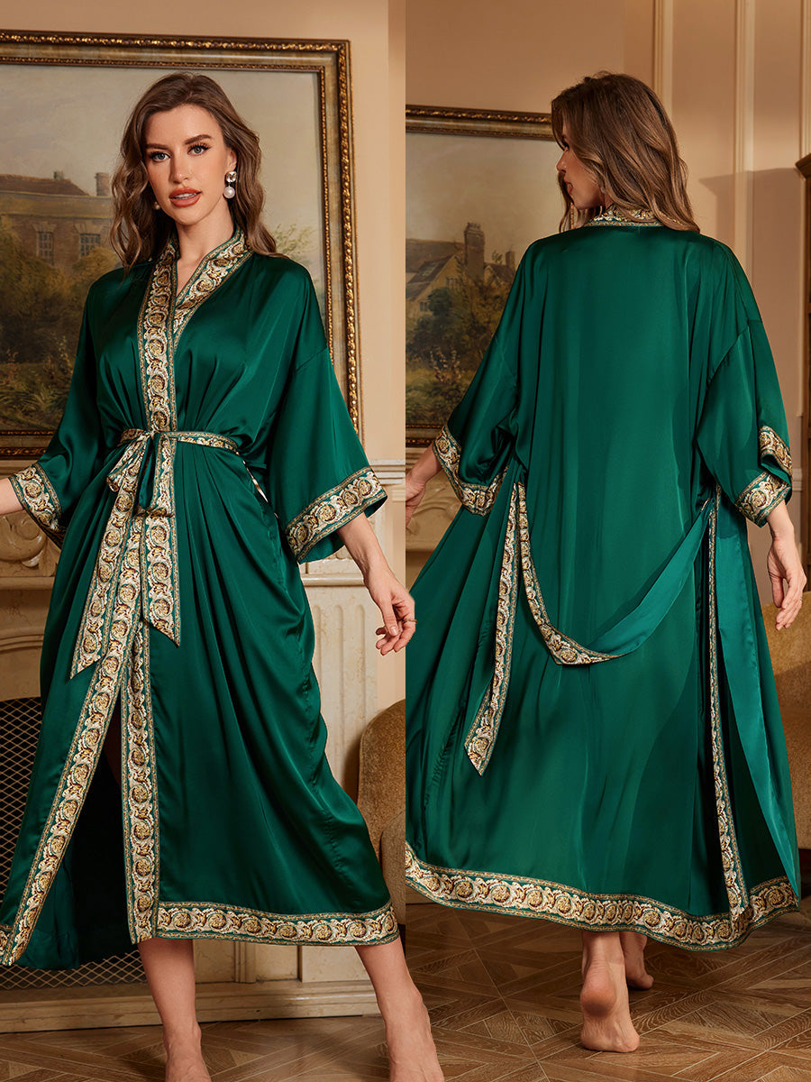 Emerald Trim Satin Chiffon Kimono Robe
