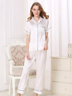 Short Sleeve Mulberry Silk Pajama Set with Contrast Piping