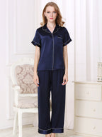 Short Sleeve Mulberry Silk Pajama Set with Contrast Piping