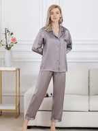 Long Sleeve Mulberry Silk Pajama Set with Contrast Piping