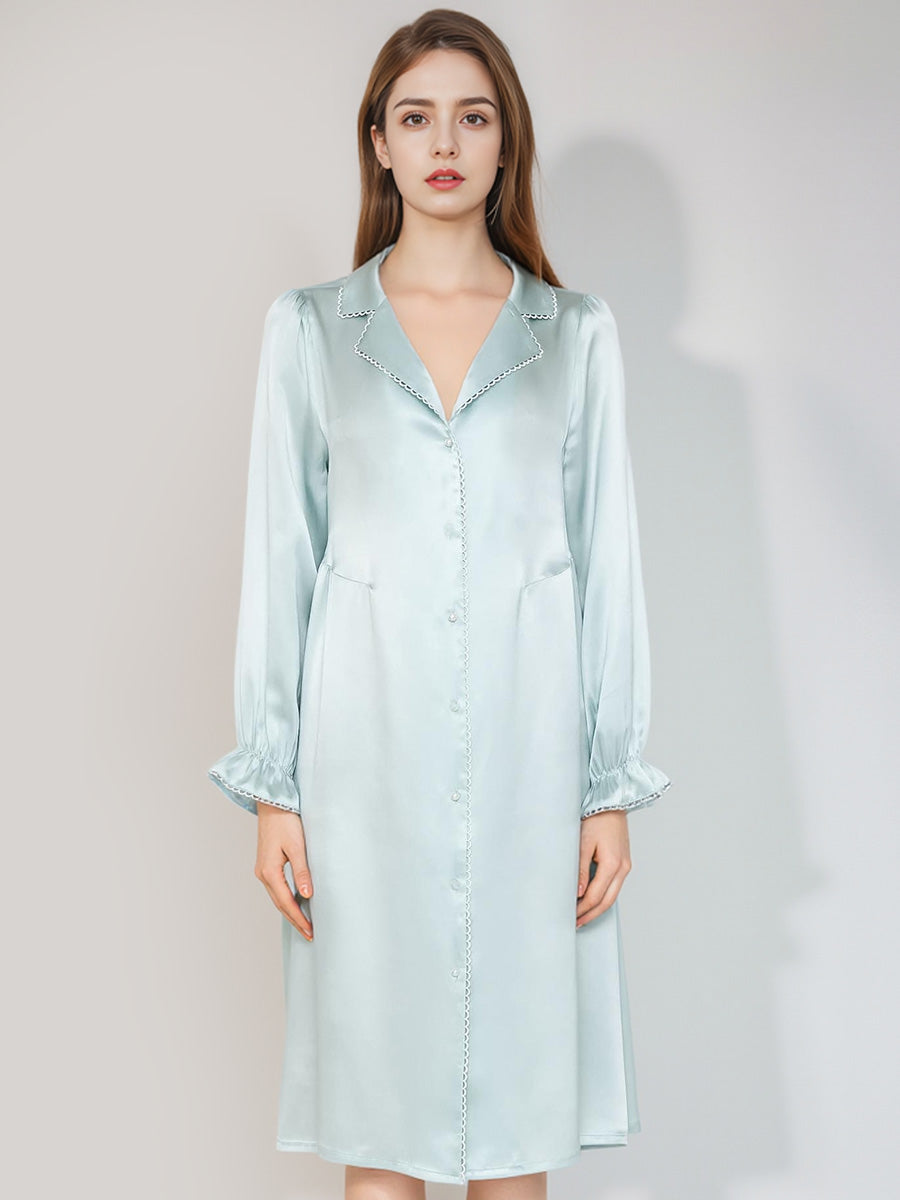 Pearl Button Flounce Cuff 100% Pure Silk Midi Sleep Dress