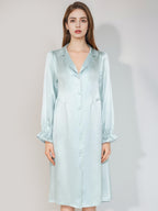 Pearl Button Flounce Cuff 100% Pure Silk Midi Sleep Dress
