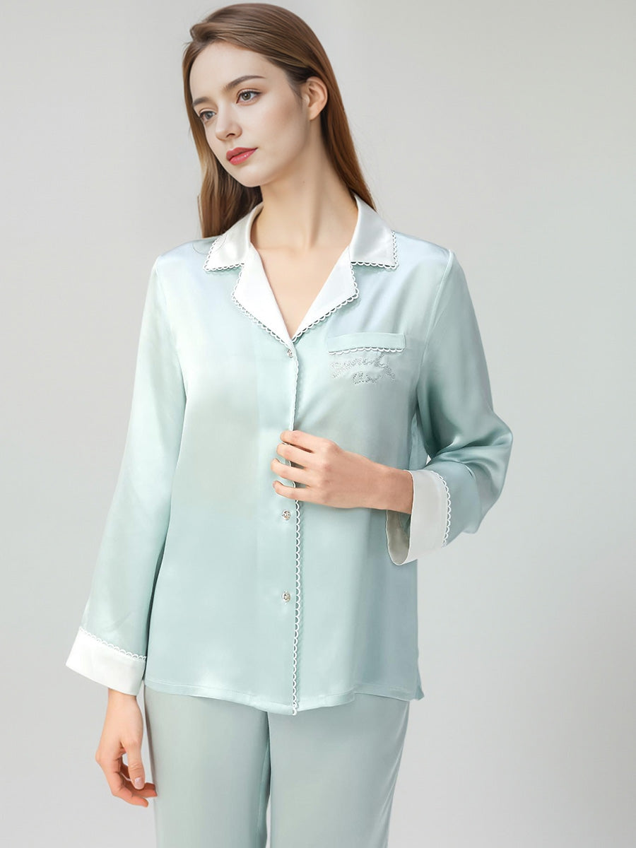 100% Mulberry Silk Contrast Collar Scalloped Trim Long Sleeve Pajama Set