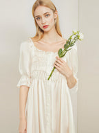 Designer Tiered Shirred Front 100% Mulberry Silk Satin Mid-Length Nightdress