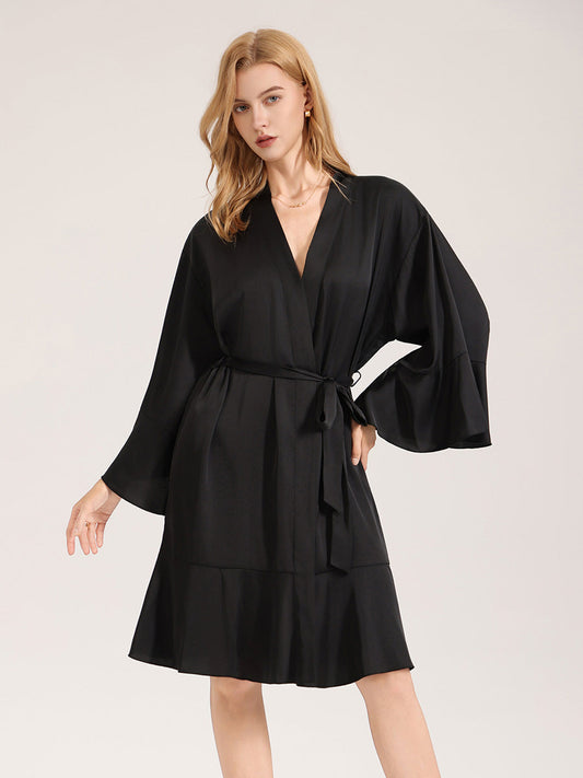 Black Satin Ruffle Hem Robe