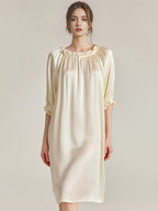 100% Mulberry Silk Ruffle Neck Bow Midi 3/4 Sleeve Nightgown
