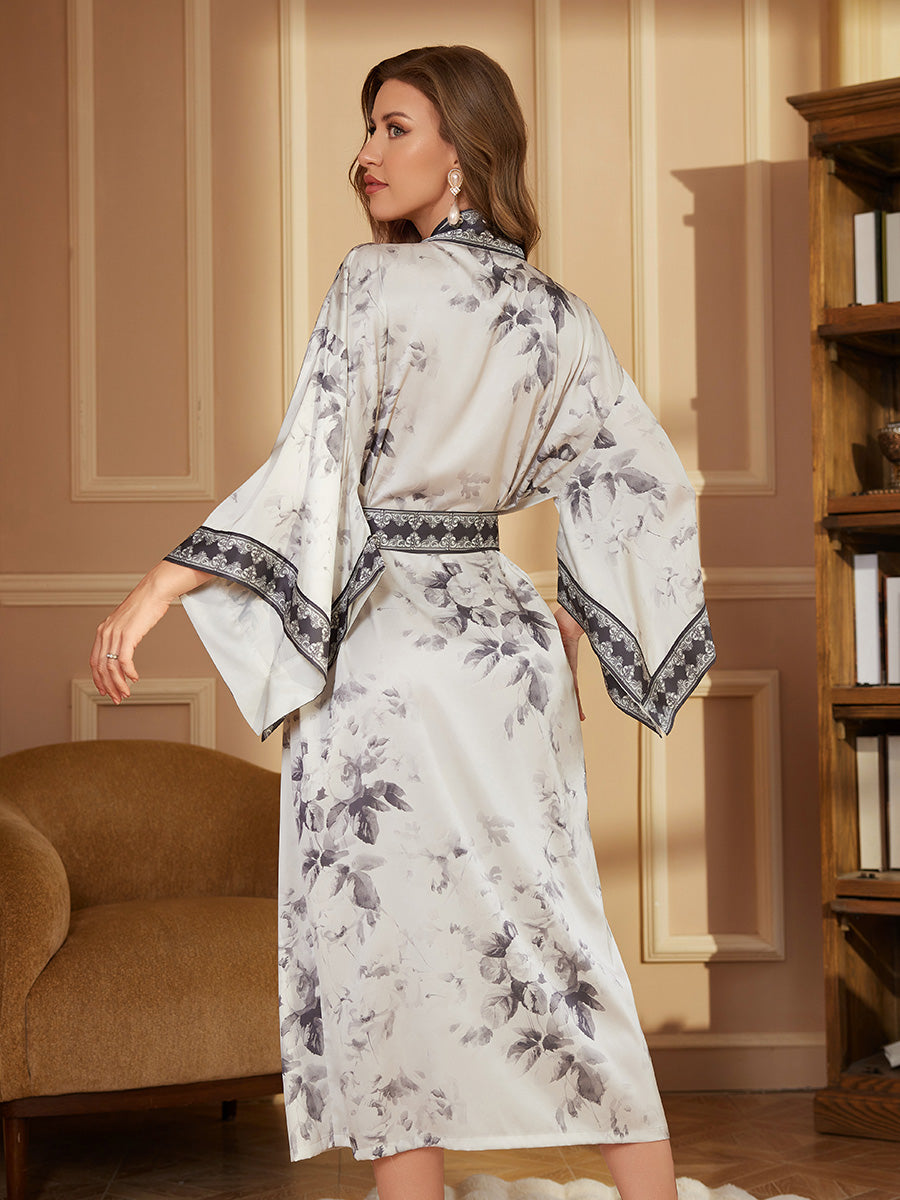 Ink Floral Satin Kimono Robe