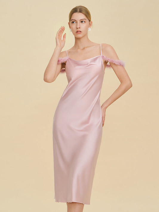 Blush Pink Satin Midi Slip Dress with Feather Trim