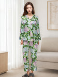 Women Floral Print 100% Mulberry Silk Long Sleeve Pajama Set