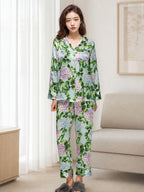 Women Floral Print 100% Mulberry Silk Long Sleeve Pajama Set