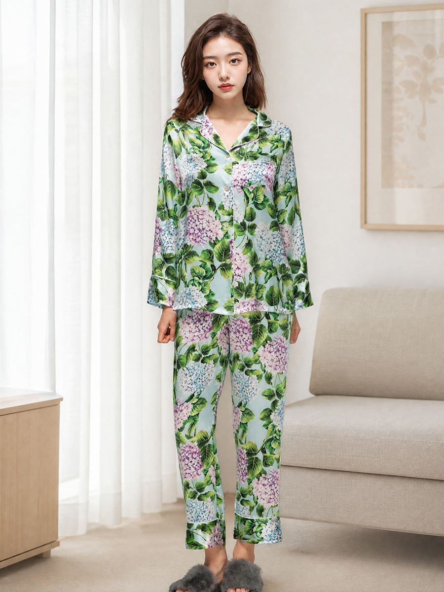 Women Floral Print 100% Mulberry Silk Long Sleeve Pajama Set