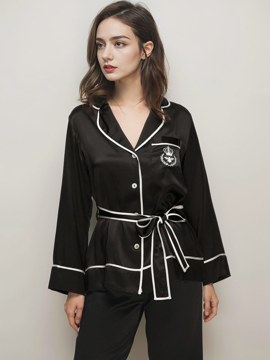 Notched Collar Button Front Silk Sleepwear with Waist Tie