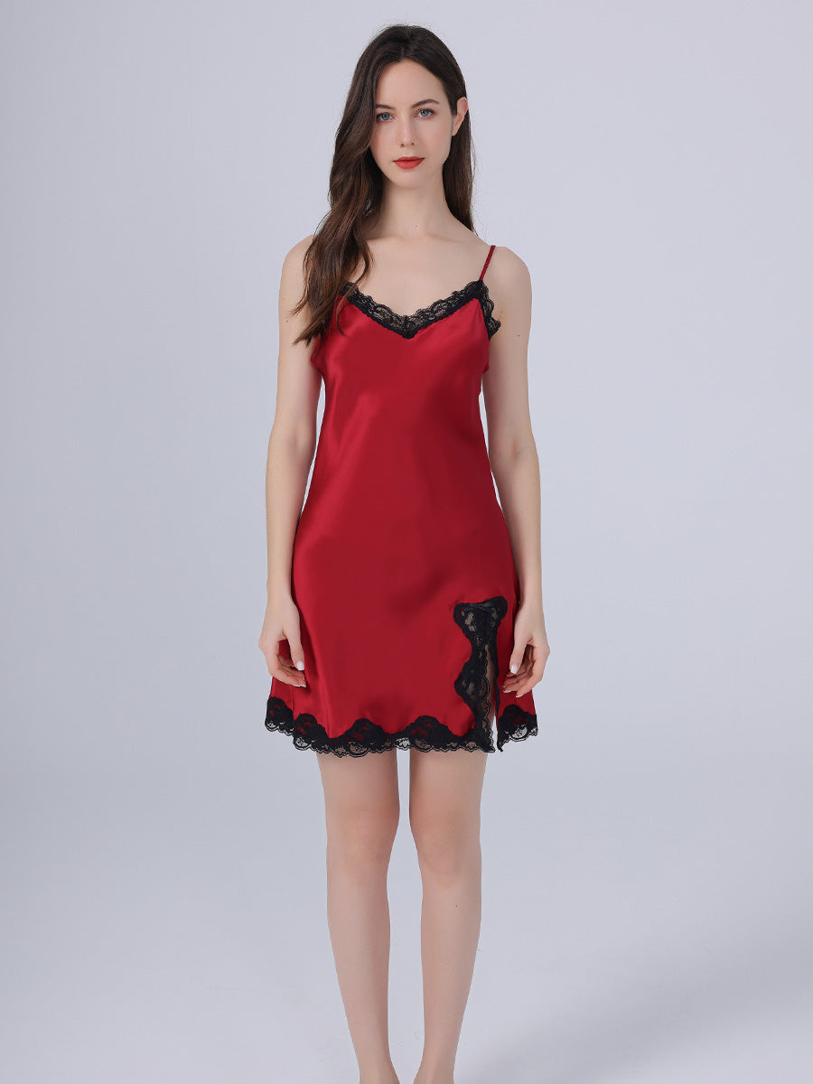 Lace Trim Mulberry Silk Slip Dress with Side Slit