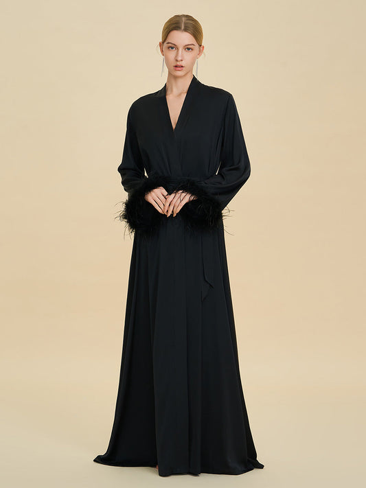 Black Satin Maxi Robe with Feather Cuffs