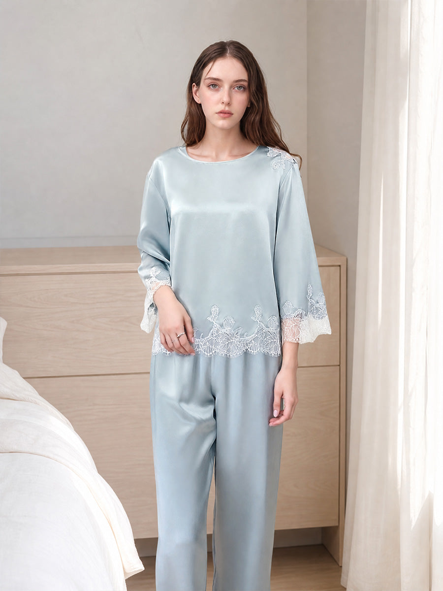 100% Mulberry Silk 3/4 Sleeve Pajama Set with Scalloped Lace Trim
