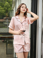 19 Momme Silk Short Sleeve Pajama Shorts Set with Contrast Piping
