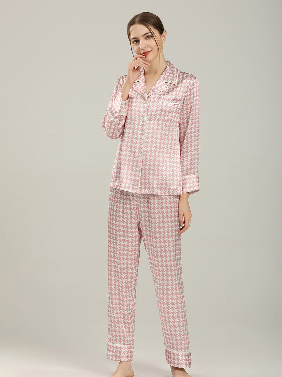 Long Sleeve Mulberry Silk Pajama Set with Houndstooth Print