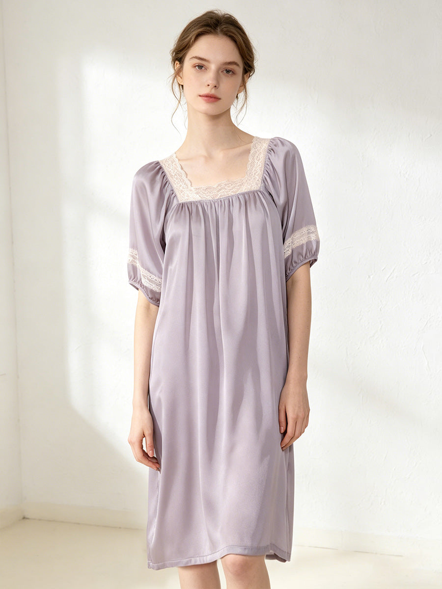 100% Mulberry Silk Lace Square Neck Short Sleeve Midi Nightgown