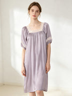 100% Mulberry Silk Lace Square Neck Short Sleeve Midi Nightgown