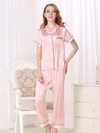 Short Sleeve Mulberry Silk Pajama Set with Contrast Piping