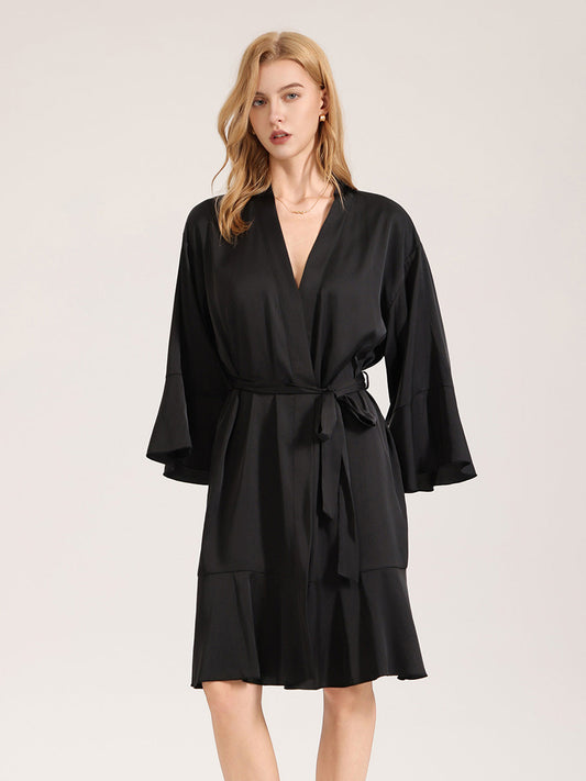 Black Satin Ruffle Hem Robe