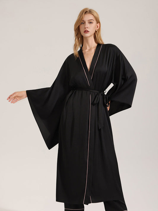 Black Satin Robe with Pink Piping