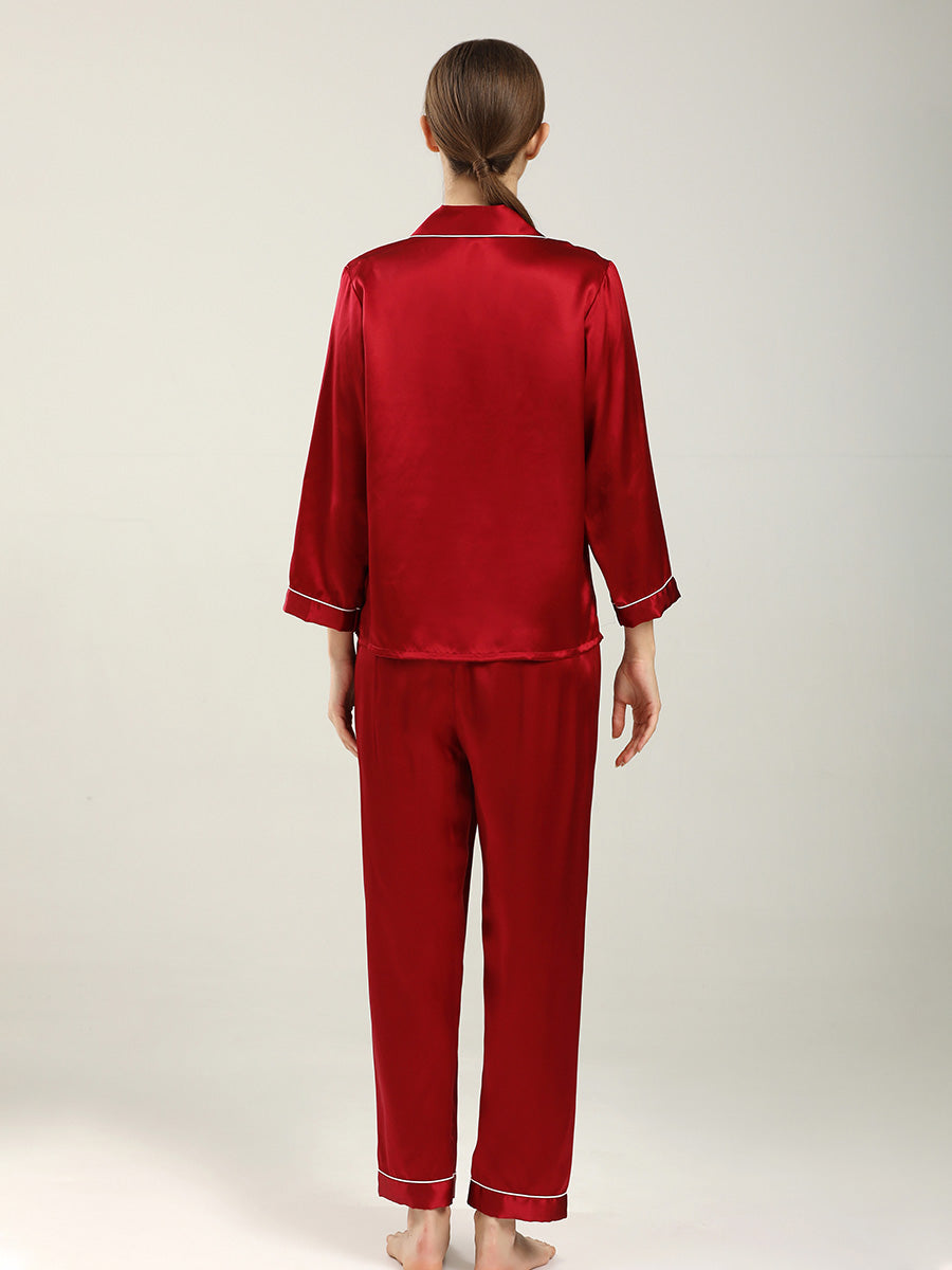 19 Momme Silk Long Sleeve Pajama Set with Contrast Piping