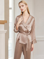 100% Mulberry Silk Wrap Belted Pajama Set Contrast Piping Trim
