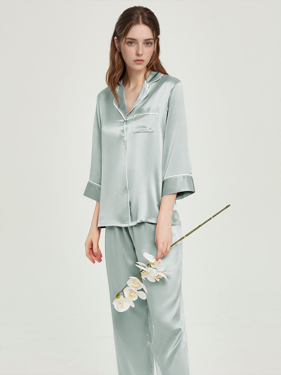 100% Mulberry Silk Contrast Piping 3/4 Sleeve Pajama Set
