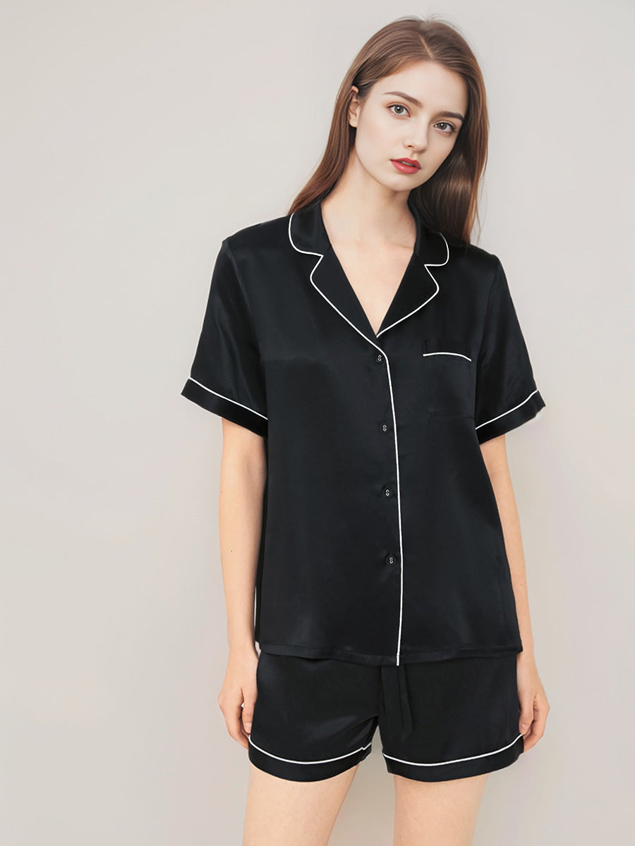 Notched Collar Button Down Top & Shorts Silk Sleepwear Set