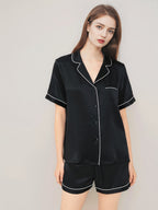Notched Collar Button Down Top & Shorts Silk Sleepwear Set