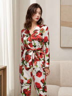 100% Mulberry Silk Red Rose Print Belted Pajama Set
