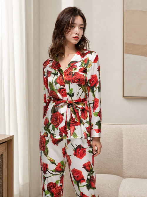 100% Mulberry Silk Red Rose Print Belted Pajama Set