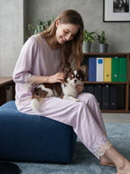 100% Mulberry Silk 3/4 Sleeve Pajama Set with Scalloped Lace Trim