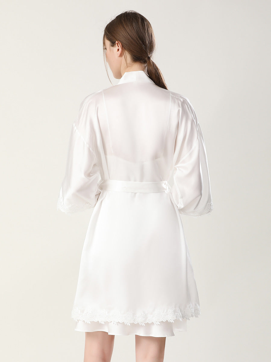 Rose Lace Mulberry Silk Robe and Slip Dress Set