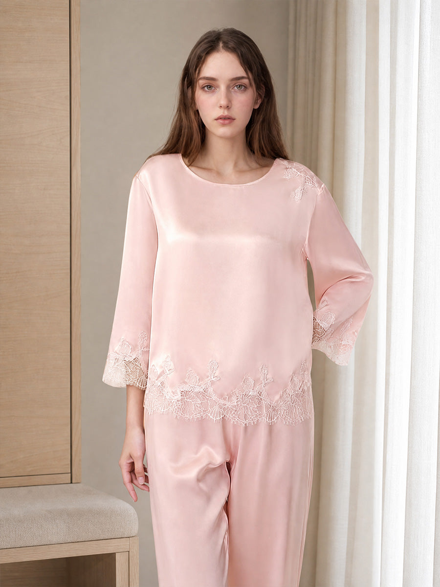 100% Mulberry Silk 3/4 Sleeve Pajama Set with Scalloped Lace Trim
