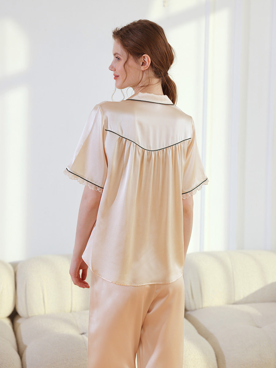 19 Momme Silk Short Sleeve Pajama Set with Lace Trim