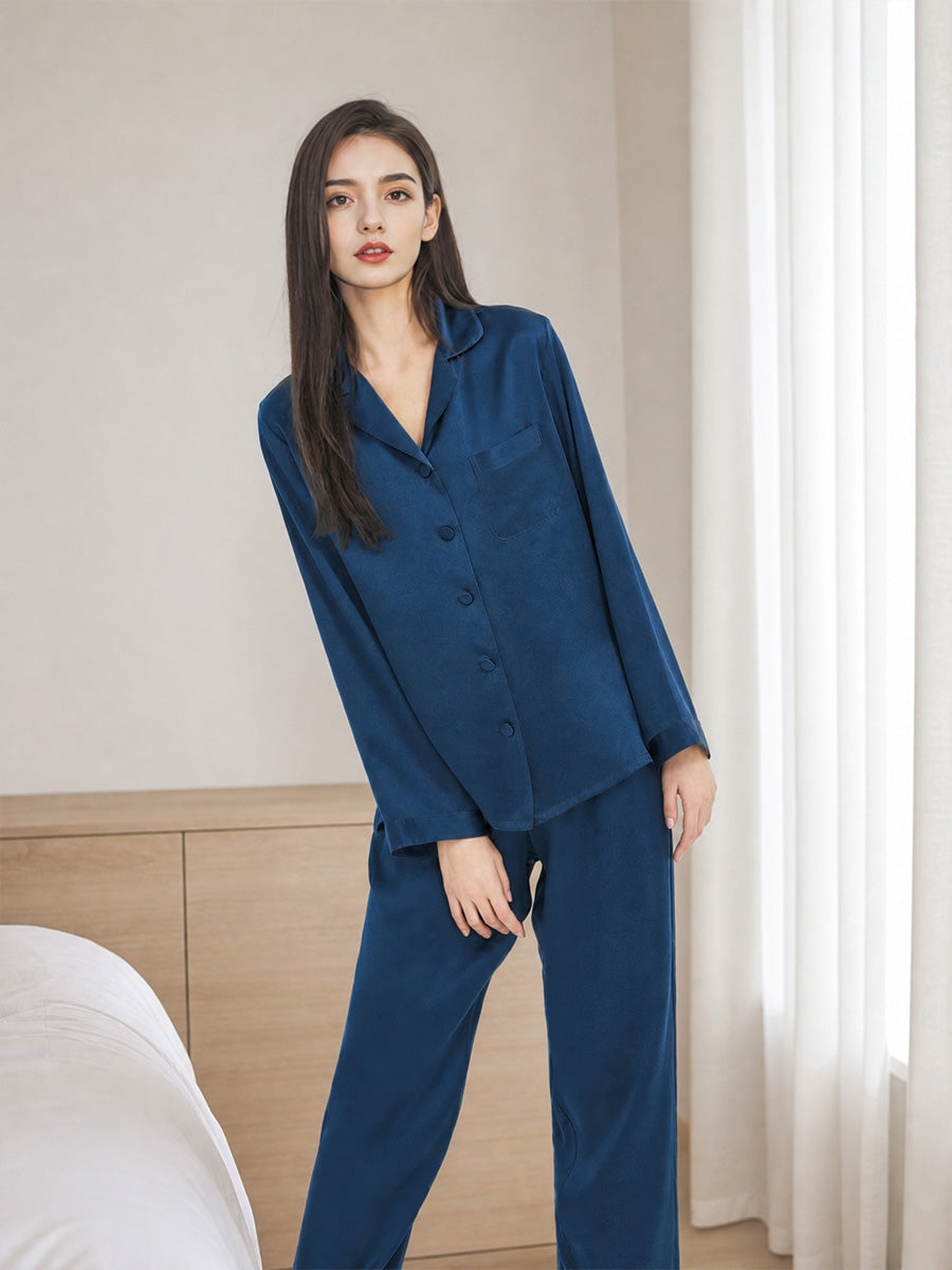 Classic Button Front Top & Long Pants Silk Sleepwear Set