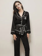 Notched Collar Button Front Silk Sleepwear with Waist Tie