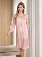 100% Mulberry Silk 3/4 Puff Sleeve Tie Neck Midi Nightgown