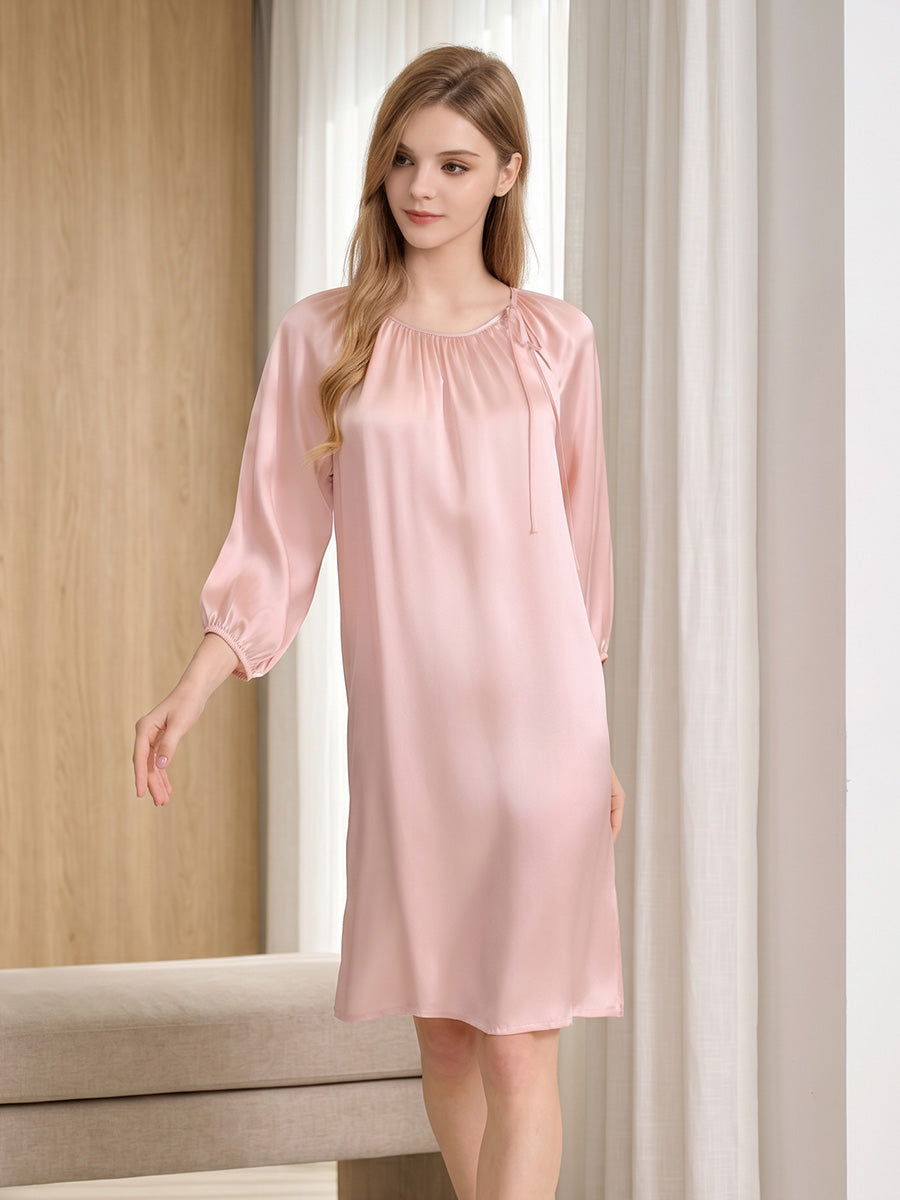 100% Mulberry Silk 3/4 Puff Sleeve Tie Neck Midi Nightgown