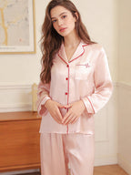 Notched Collar Button Front Chest Pocket Silk Sleepwear Set