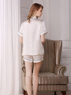 Short Sleeve Mulberry Silk Pajama Shorts Set with Contrast Piping