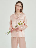 Contrast Piping Embroidery Long Sleeve Pajama Set
