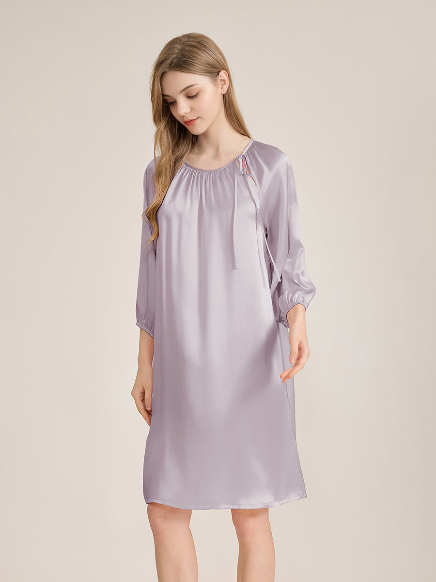 100% Mulberry Silk 3/4 Puff Sleeve Tie Neck Midi Nightgown