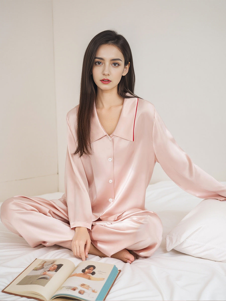Contrast Trim Notched Collar Long Sleeve Pajama Set
