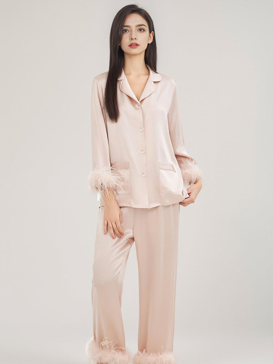 100% Mulberry Silk Ostrich Feather Trim Pajama Set